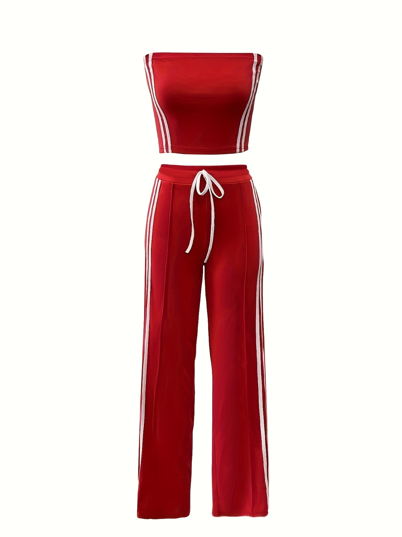 Chic Women's Red & White Stripe Casual Two-Piece Set - Off-Shoulder Crop Top & High-Waist Drawstring Pants, Polyester Blend, Machine Washable, Perfect for Spring/Summer